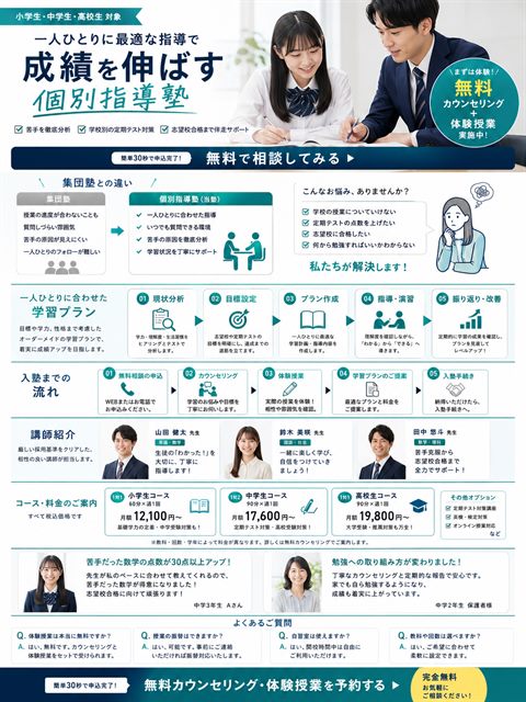 個別指導塾のLP制作サンプル｜1対1の丁寧さ訴求