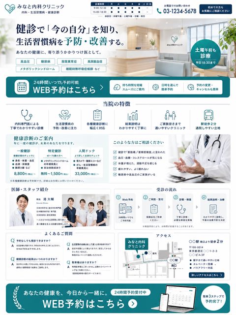 内科クリニックのLP制作サンプル｜健診・生活習慣病に強い