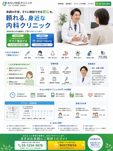内科クリニックのLP制作サンプル｜かかりつけの安心感